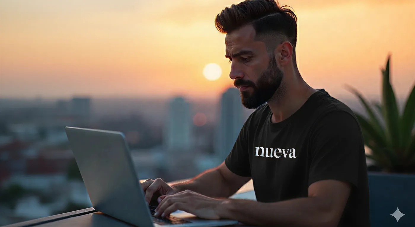 A Nueva Social Marketer working on a laptop at sunset